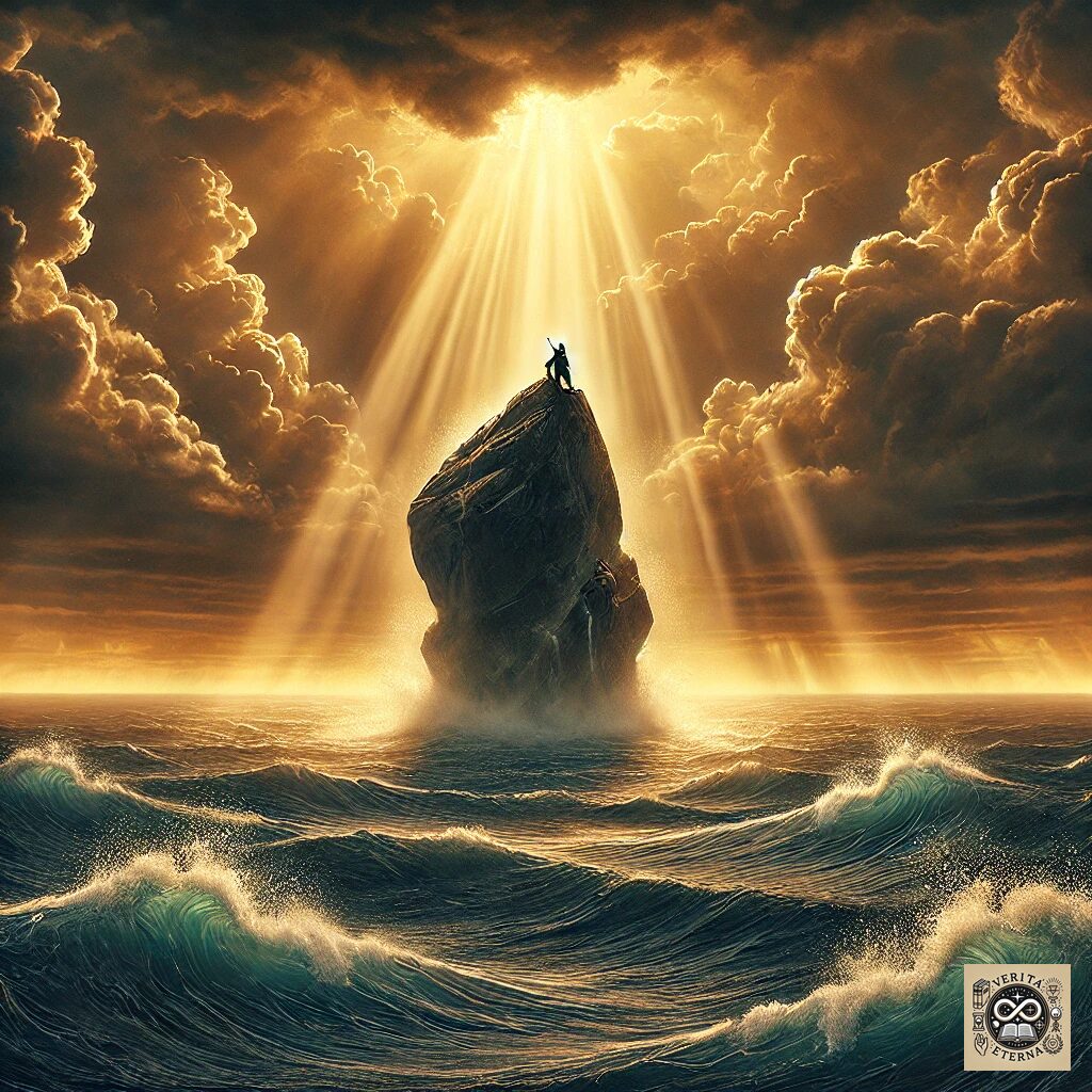 A symbolic sea with rock and logo Verita Eterna final